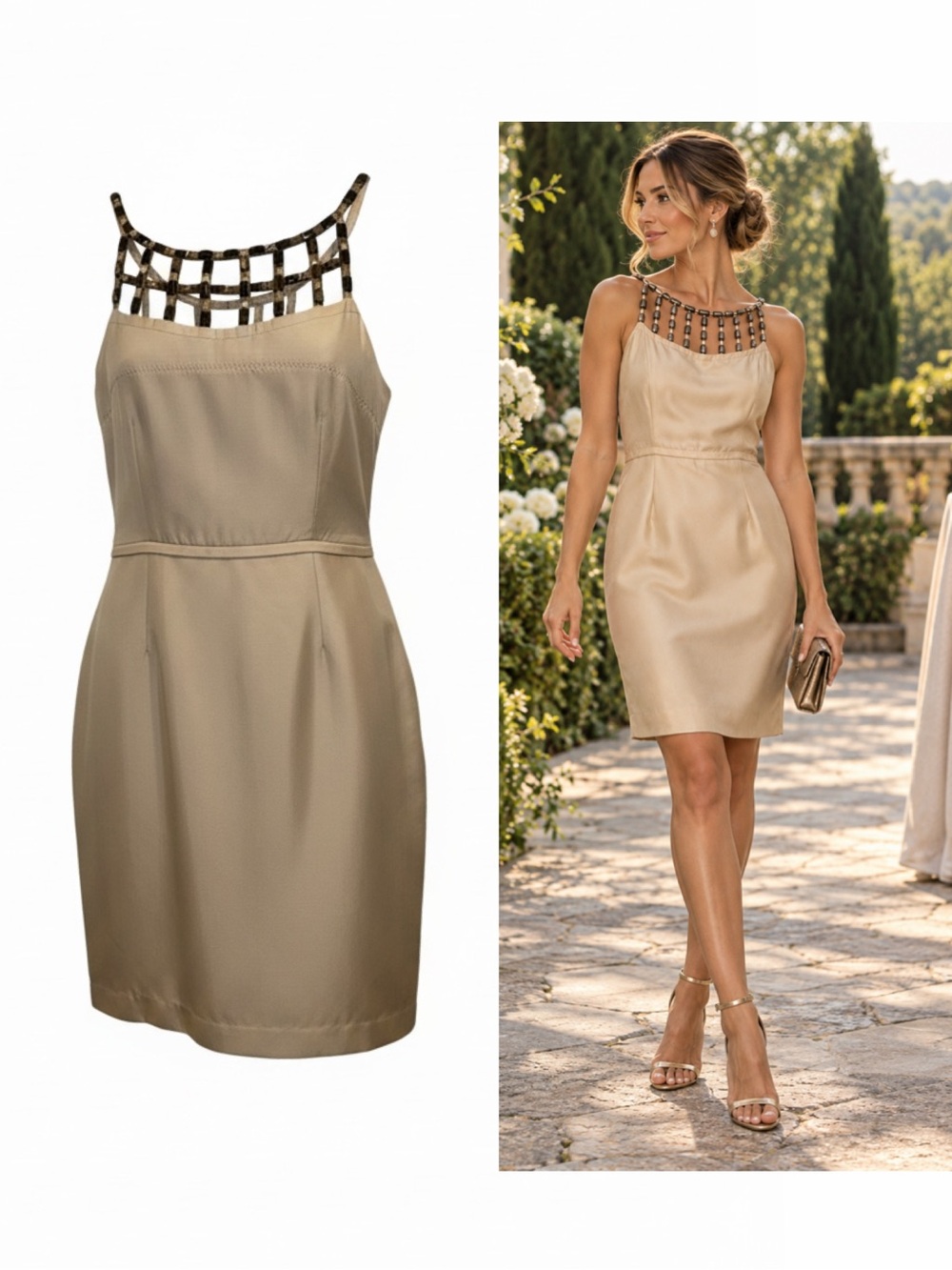 Yoana Baraschi Beige Silk Dress Jeweled Lattice 10 Cocktail Y2K NWT 🟡